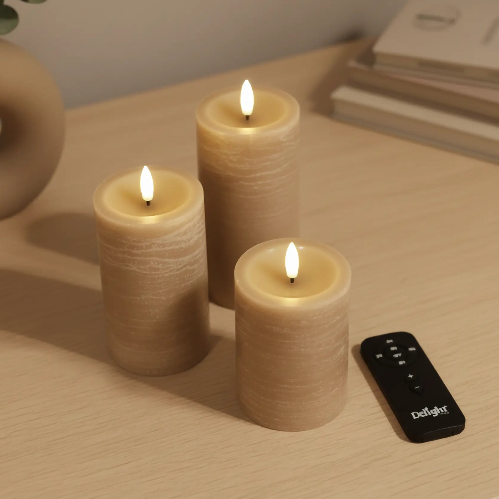 3er-Set LED Stumpenkerzen innen – Karamell mit Fernbedienung &