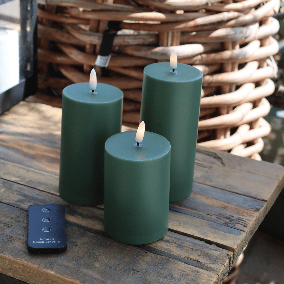 Outdoor LED-Stumpenkerzen D7 – 3er-Set in Grün – Premium - Nordicflame-de