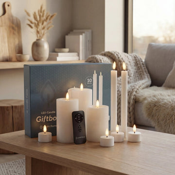 LED Kerzen Set von Nordic Flame mit 3D-Flamme auf Holztisch, Wohnzimmerdeko, Geschenkbox