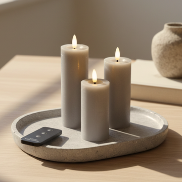 LED-Stumpenkerzen D5 - Set mit 3 Kerzen & Fernbedienung - Sandfarbene