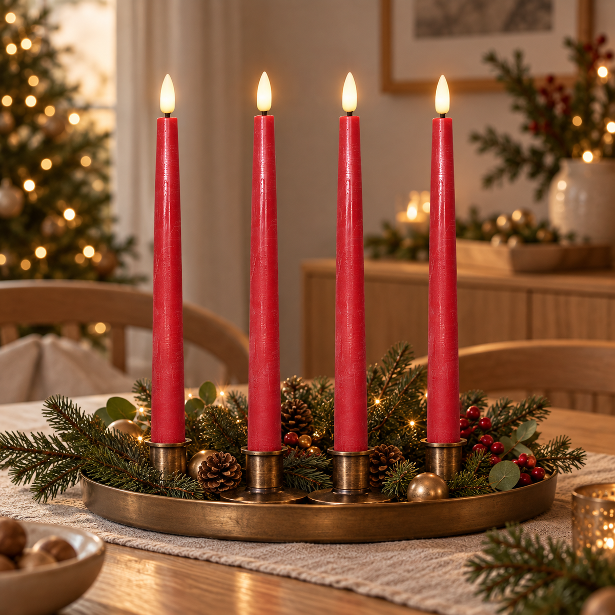 Vier rote LED-Stabkerzen in Messinghaltern auf einem runden Messingtablett mit Tannengrün, Zapfen und goldenen Kugeln vor dem Weihnachtsbaum