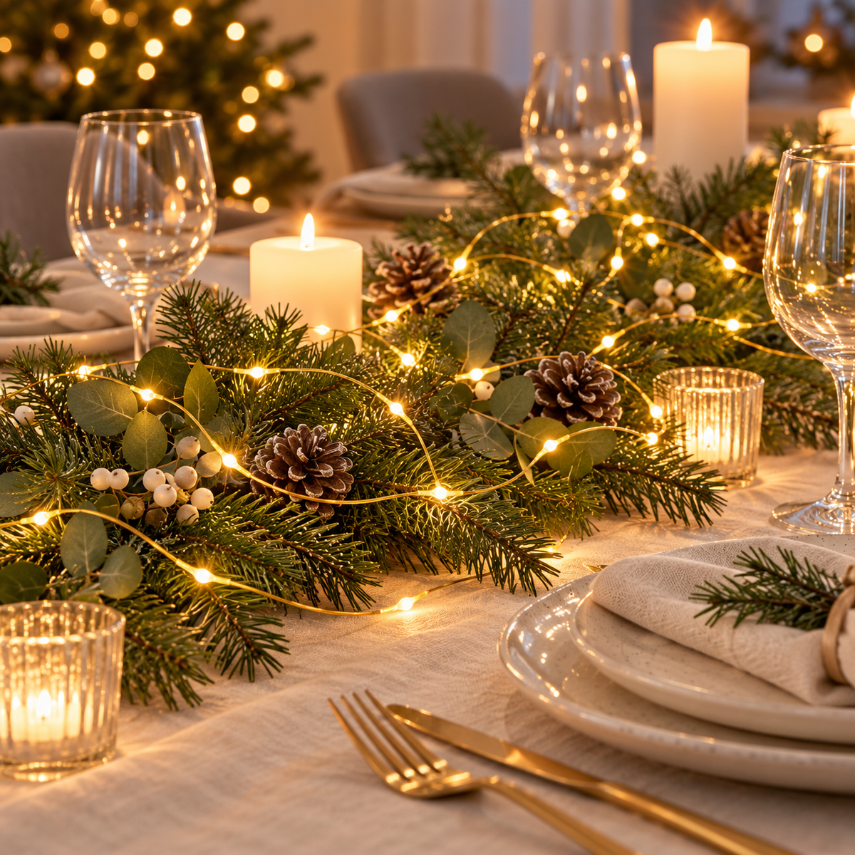 Weihnachtstisch mit Tannengirlande, Eukalyptus, weißen Beeren und Tannenzapfen. Eine Lichterkette aus Messing schlängelt sich durch die Zweige, umgeben von Kerzen und Weingläsern.