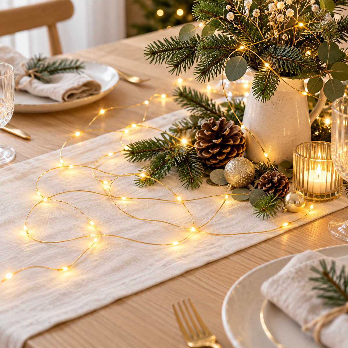 Heller Tischläufer auf einem Eichentisch mit einer eingeschalteten Lichterkette aus Messing in sanften Bögen, Tannenzapfen, goldenen Weihnachtskugeln und einem weißen Krug mit Tanne und Eukalyptus.