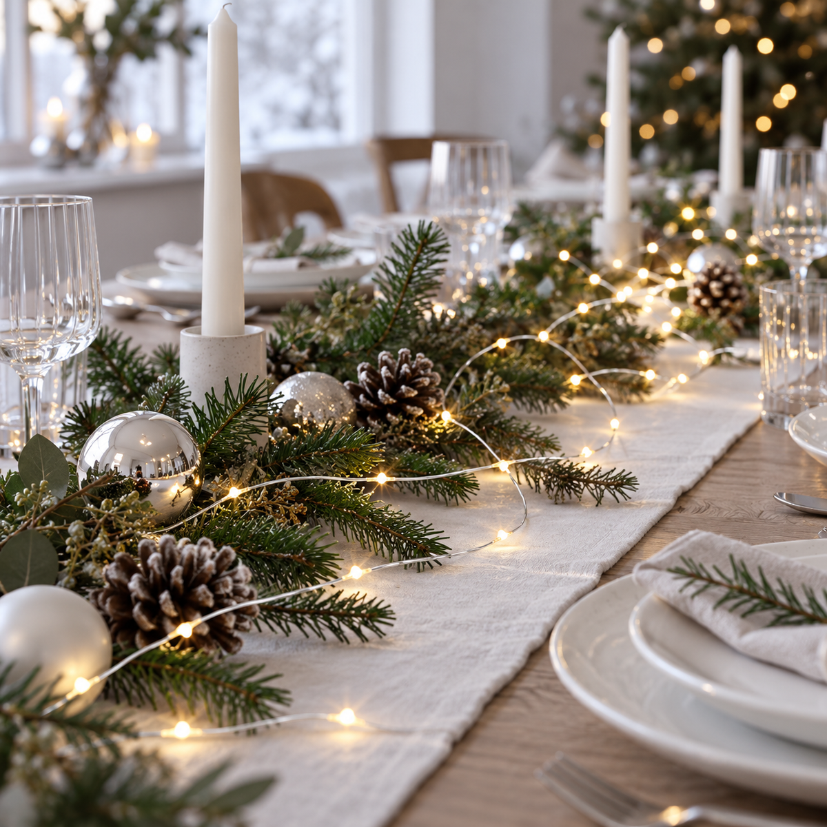Silberfarbene Lichterkette auf einer weihnachtlich gedeckten Tafel mit Tannengrün, Zapfen, silbernen Kugeln und weißen Stabkerzen
