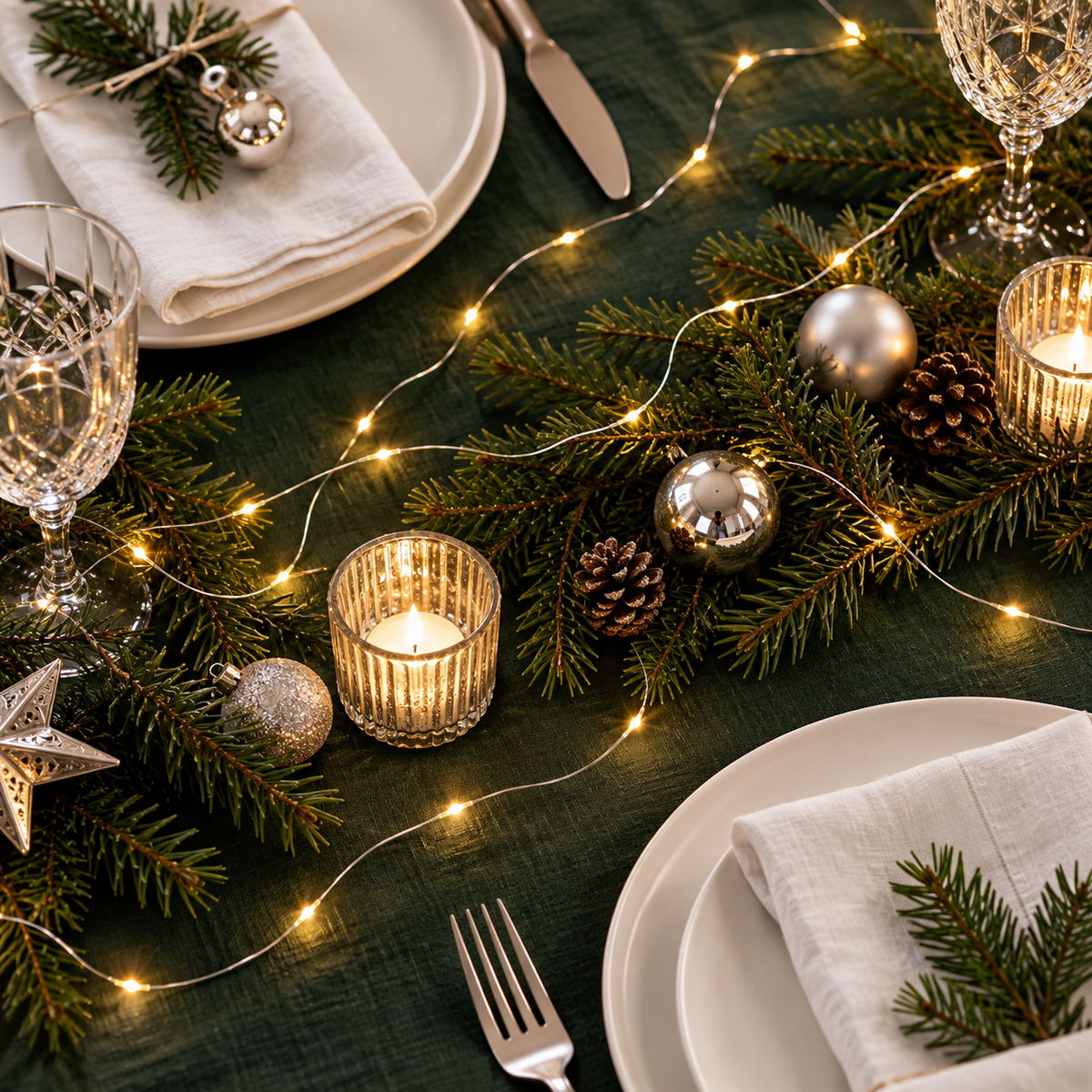 Silberfarbene Lichterkette als Tischdeko für ein Weihnachtsessen mit Tannengrün, Teelichtern und silbernen Kugeln auf einer grünen Tischdecke