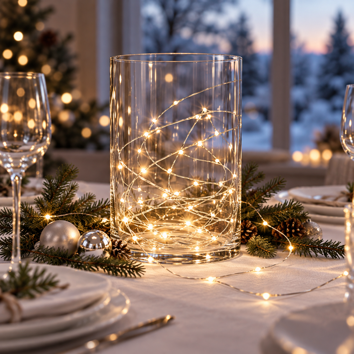 Silberfarbene Lichterkette in einer Glasvase als Tischdeko auf einer Weihnachtstafel mit Tannengrün, Zapfen und silbernen Kugeln