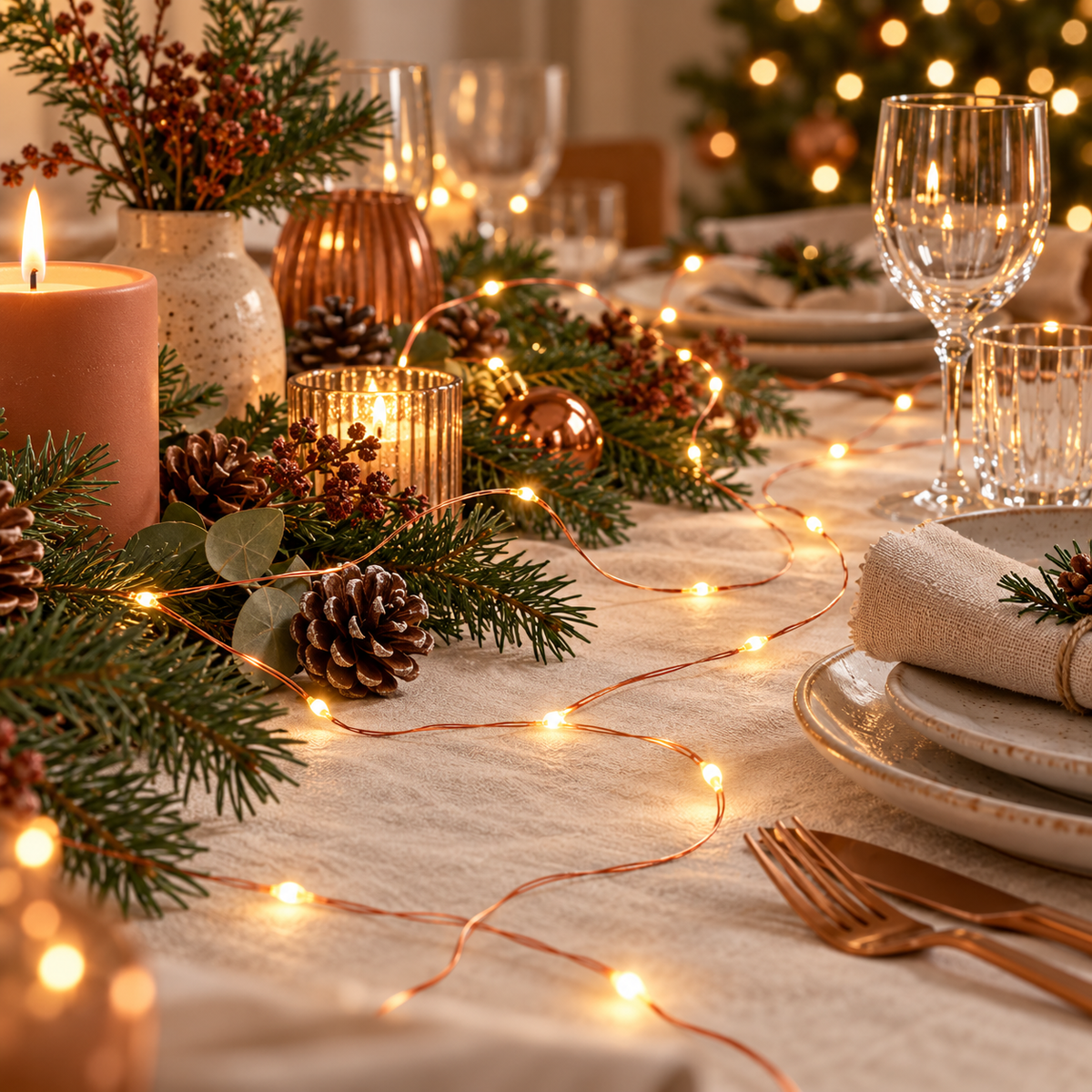 Kupferfarbene Lichterkette auf einer weihnachtlich gedeckten Tafel mit Tannengrün, Zapfen, Stumpenkerzen und kupferfarbenem Besteck