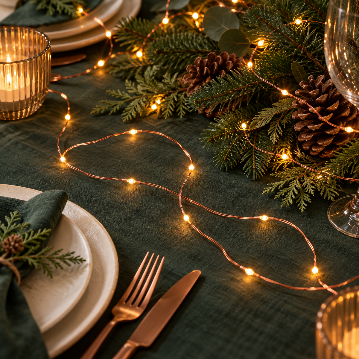 Kupferfarbene Lichterkette als Tischdeko für ein Weihnachtsessen mit Tannengrün, Zapfen und Teelichtern auf einer grünen Tischdecke