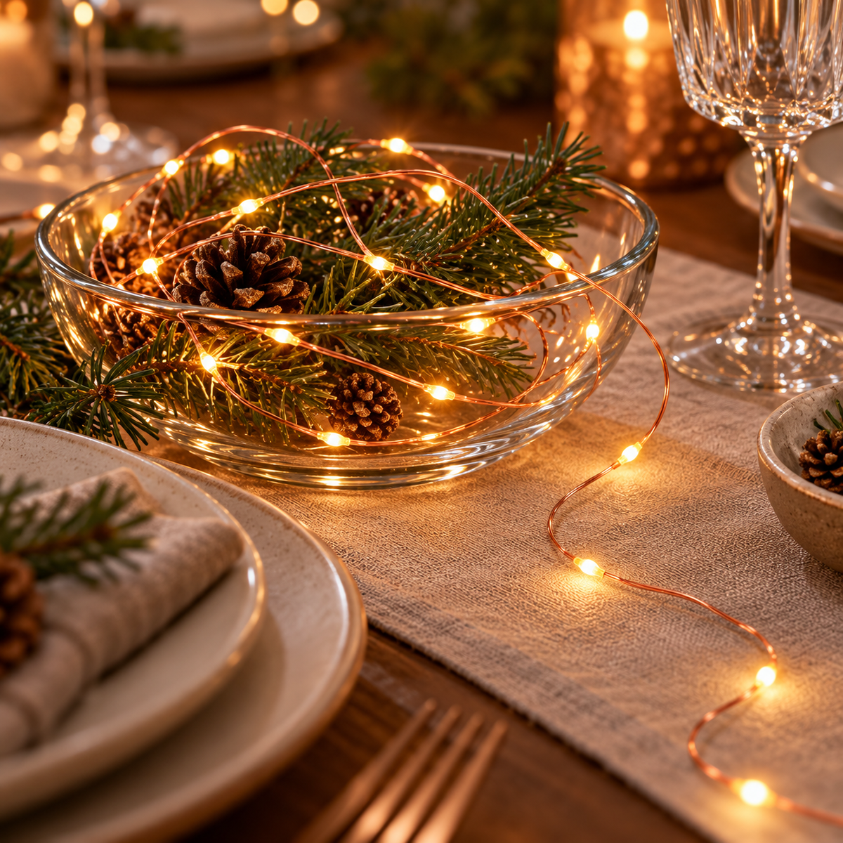Kupferfarbene Lichterkette in einer Glasschale mit Tannengrün und Zapfen als Weihnachtsdeko auf dem gedeckten Tisch