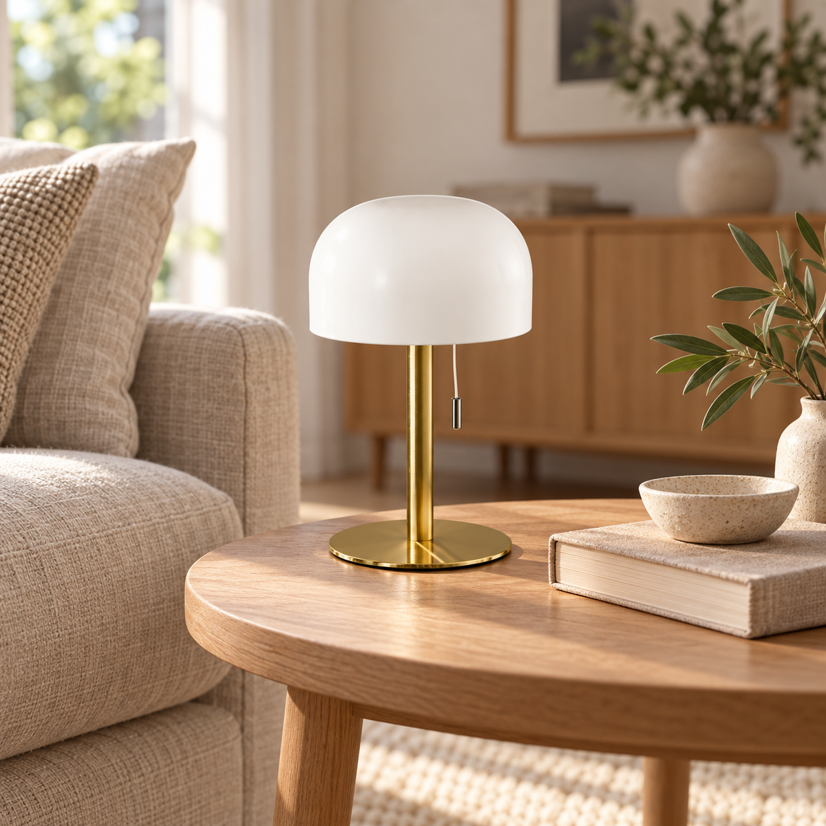 Tischlampe in Messing mit weißem Schirm auf rundem Couchtisch aus Holz im hellen Wohnzimmer