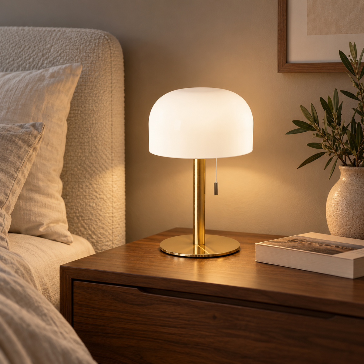 Eingeschaltete Tischlampe in Messing mit warmem, gemütlichem Licht auf dunklem Holznachttisch am Bett