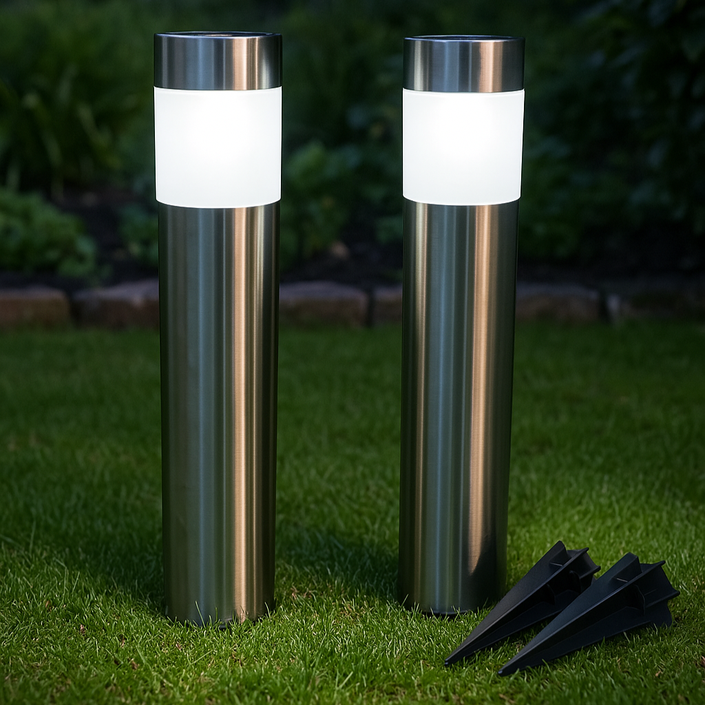 Zwei Solarleuchten aus Stahl mit weißem Licht im Beet mit Pflanzen