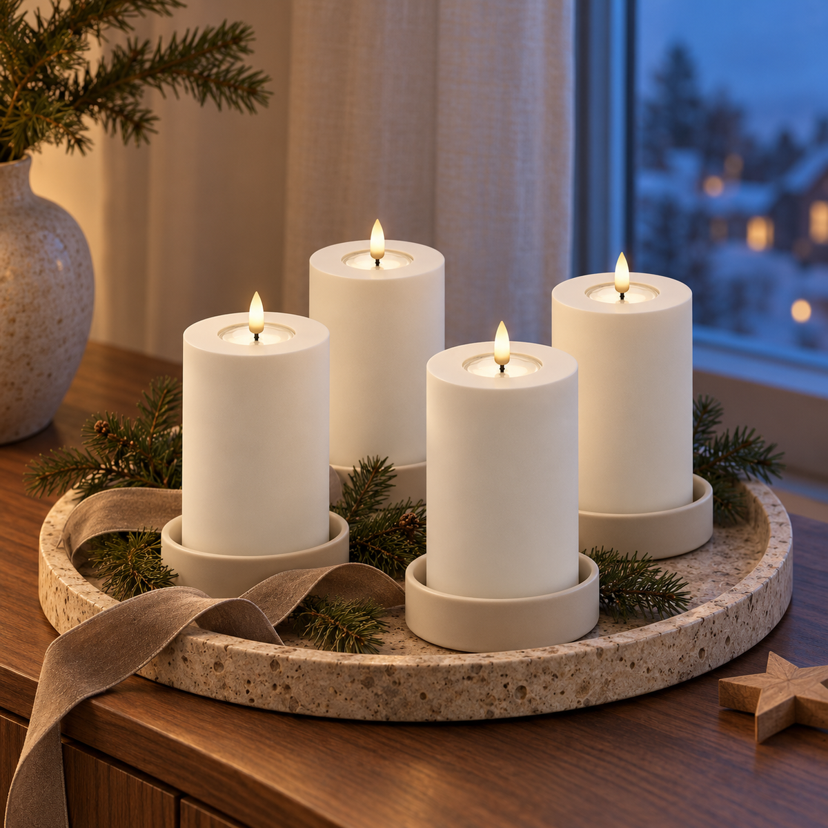 Vier hohe weiße LED-Stumpenkerzen auf einem runden Terrazzo-Tablett mit Tannengrün, Band und Holzstern auf einem Sideboard am Winterabend