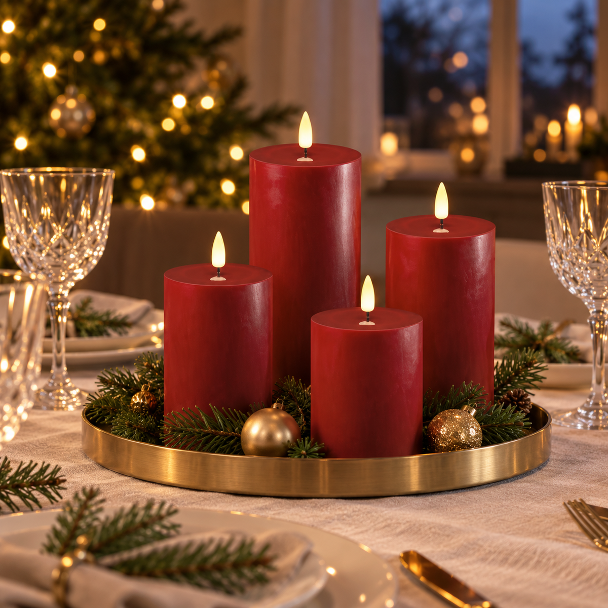 Bordeauxrote LED-Stumpenkerzen auf Goldtablett mit Tannengrün und Christbaumkugeln als Tischdeko auf festlicher Tafel mit Kristallgläsern