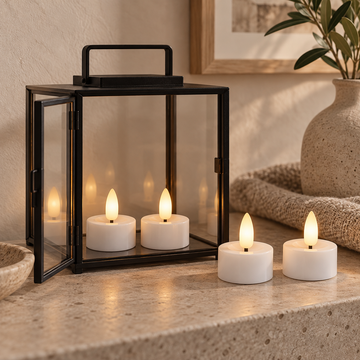 Weiße LED-Teelichter in schwarzer Laterne und auf Steintisch mit Plaid und Keramikvase