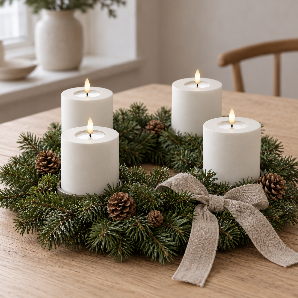Vier weiße LED-Stumpenkerzen in einem Adventskranz aus Tannengrün mit Zapfen und Leinenschleife auf einem Esstisch aus Eiche