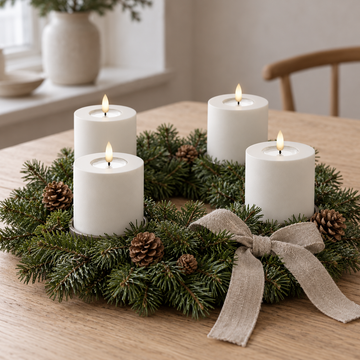 Vier weiße LED-Stumpenkerzen in einem Adventskranz aus Tannengrün mit Zapfen und Leinenschleife auf einem Esstisch aus Eiche