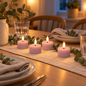 Rosa LED-Teelichter als Tischdeko auf gedecktem Tisch mit Tischläufer und Eukalyptus