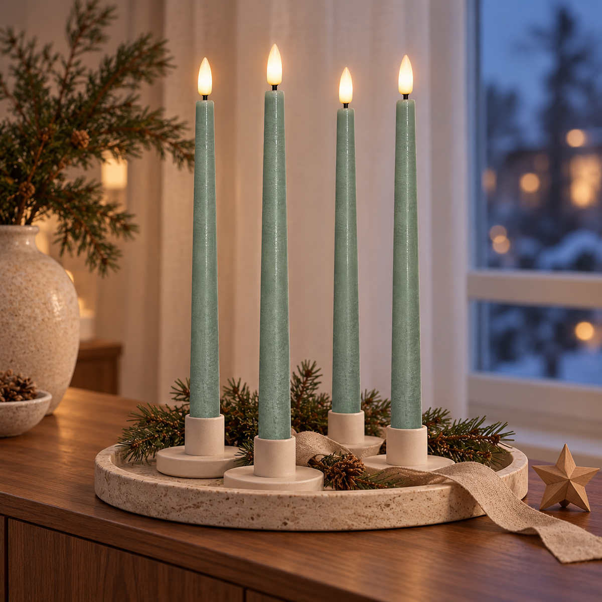 Vier salbeigrüne LED-Stabkerzen in Keramikhaltern auf einem runden Terrazzo-Tablett mit Tannengrün, Band und Holzstern am Winterabend