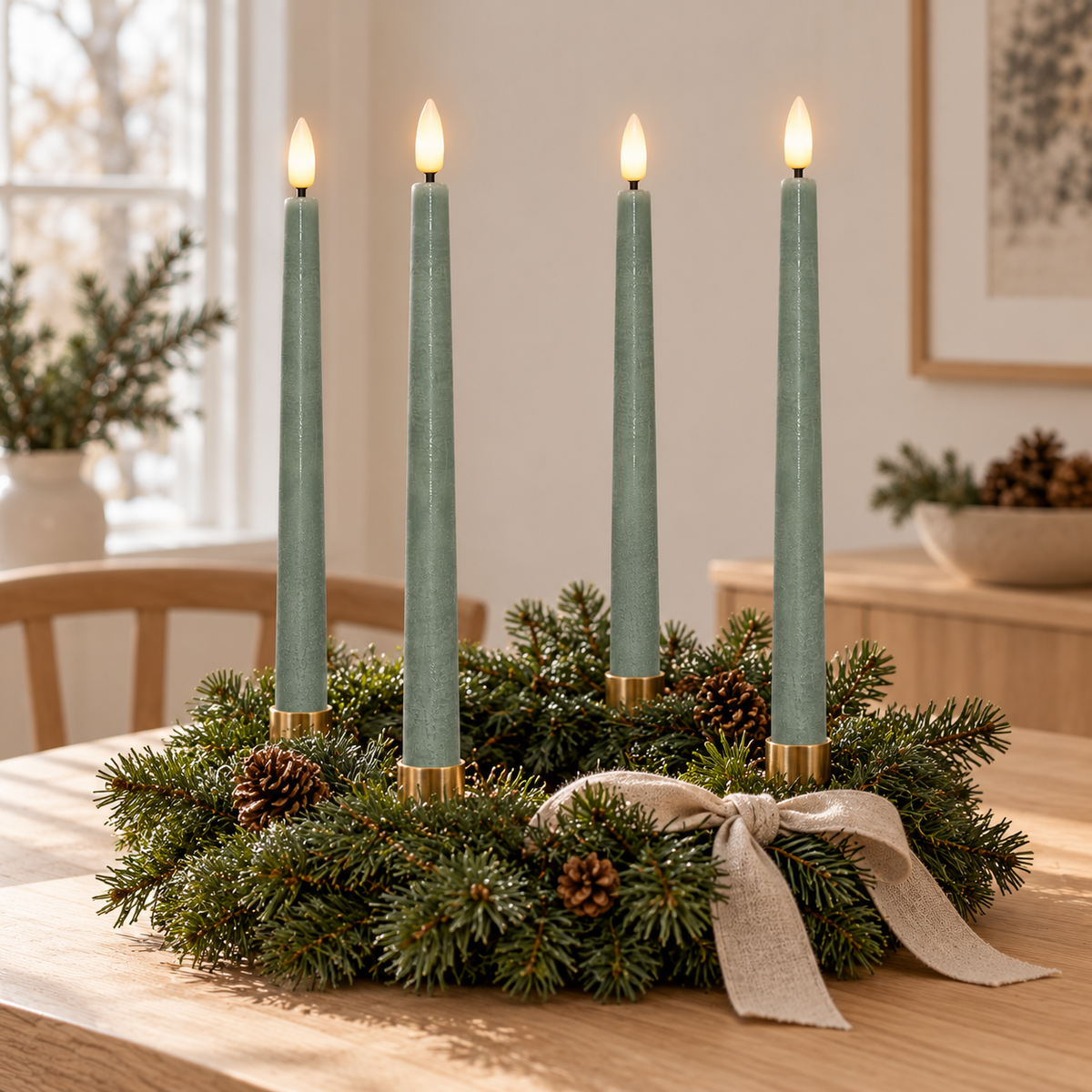 Vier salbeigrüne LED-Stabkerzen in Messinghaltern in einem Adventskranz aus Tannengrün mit Zapfen und Leinenschleife auf dem Esstisch