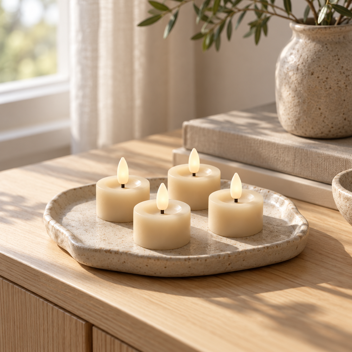 Sandfarbene LED-Teelichter auf heller Keramikschale auf Holzsideboard am Fenster mit Vase und Büchern