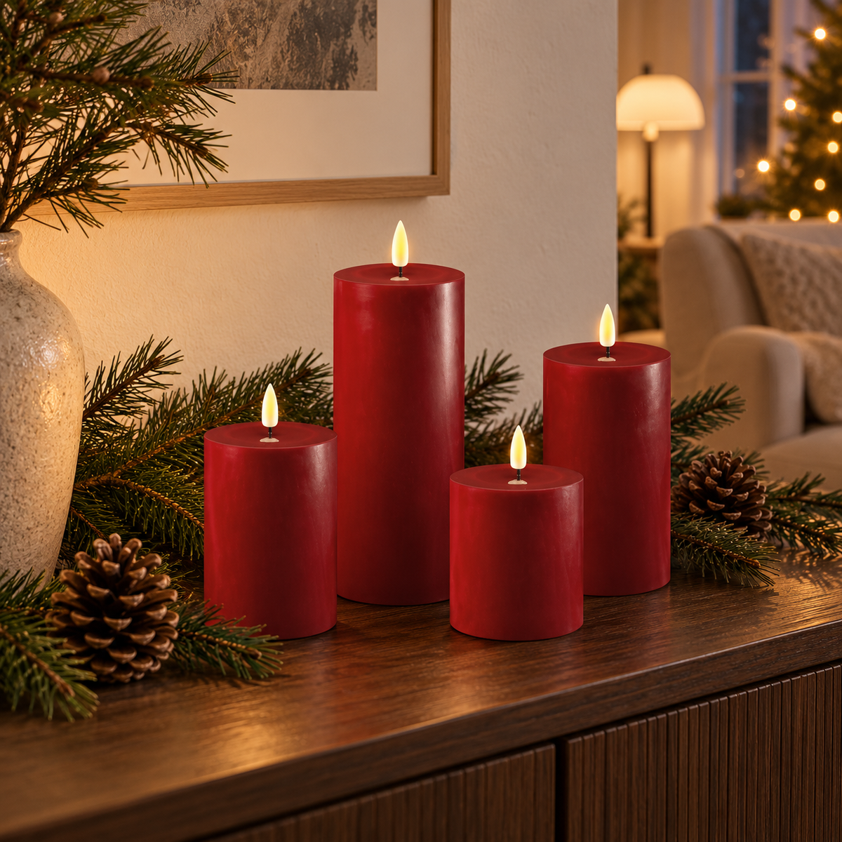 Vier bordeauxrote LED-Stumpenkerzen aus Wachs auf Sideboard mit Tannenzweigen, Zapfen und Vase im Wohnzimmer mit Weihnachtsbaum