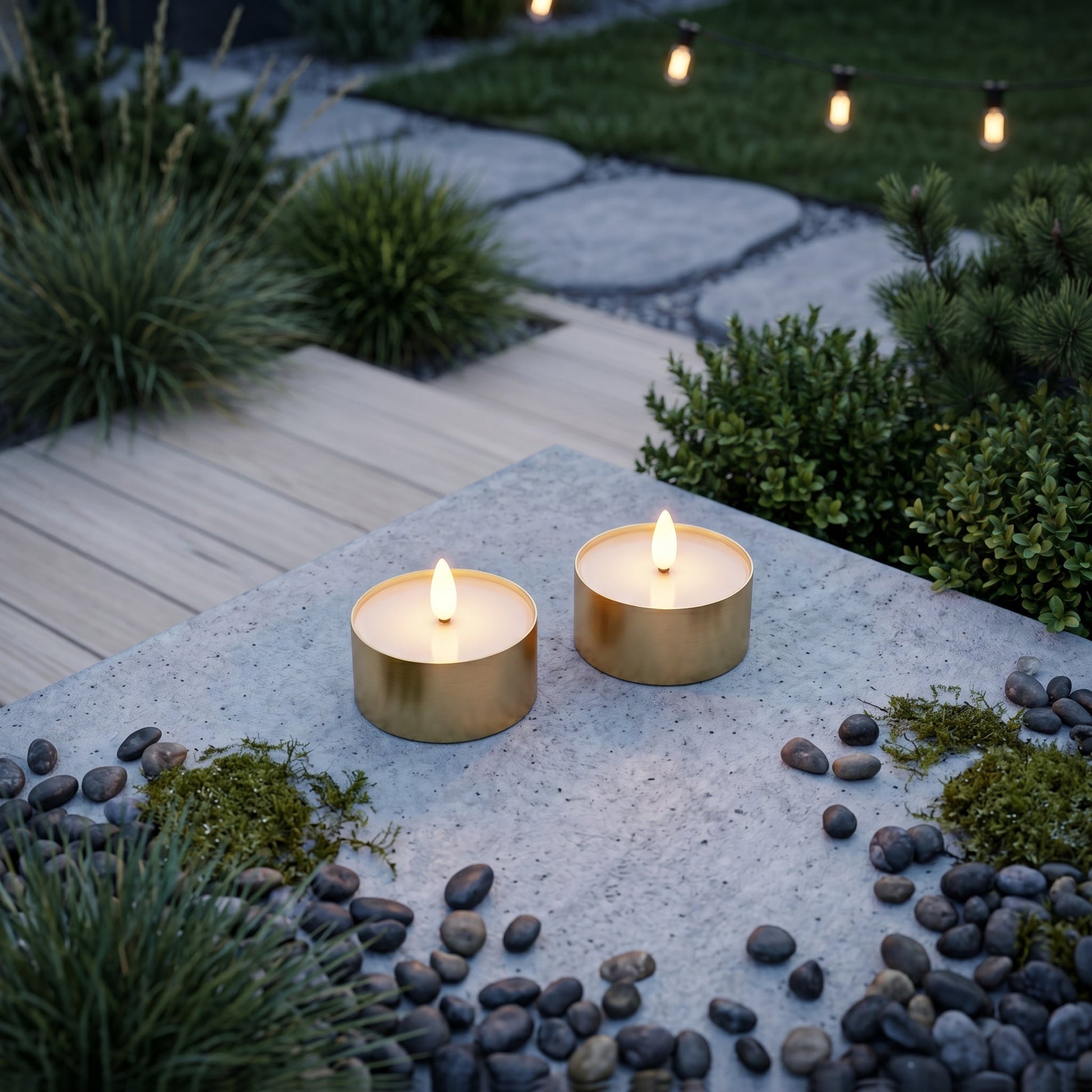 Outdoor LED Teelichter 2er-Pack - Realistische 3D-Flamme -  Messing