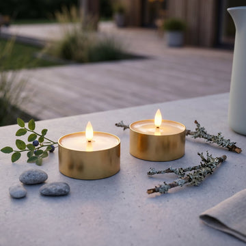 Outdoor LED Teelichter 2er-Pack - Realistische 3D-Flamme -  Messing