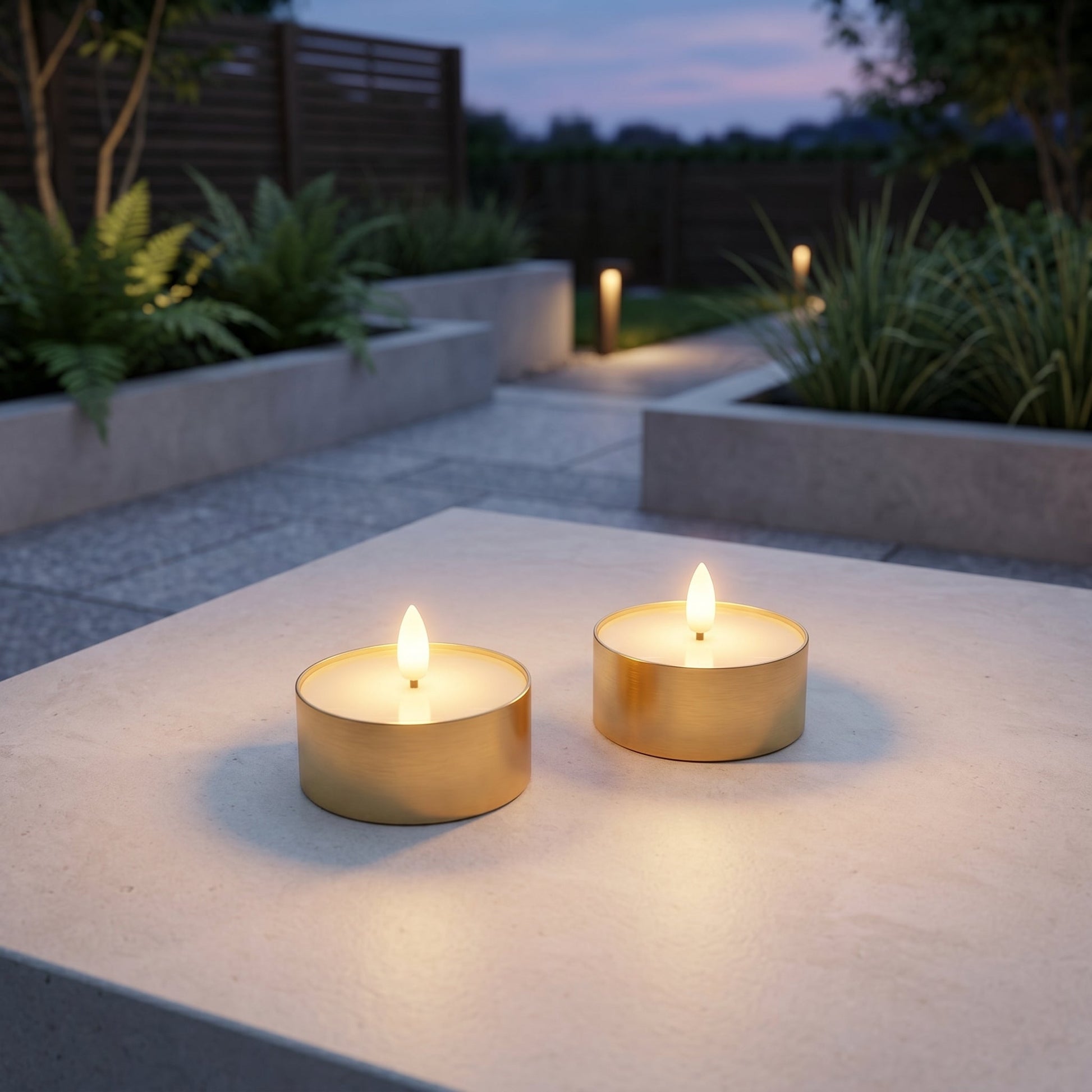Outdoor LED Teelichter 2er-Pack - Realistische 3D-Flamme -  Messing
