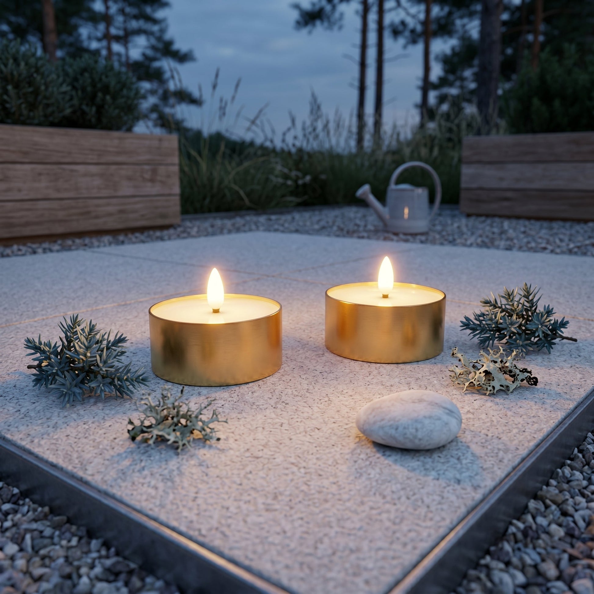 Outdoor LED Teelichter 2er-Pack - Realistische 3D-Flamme -  Messing