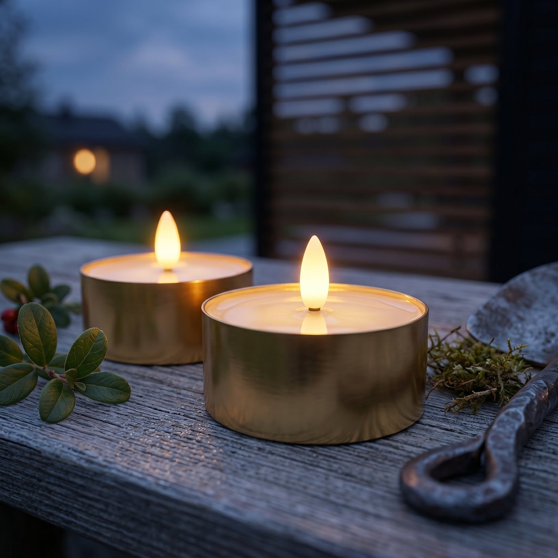 Outdoor LED Teelichter 2er-Pack - Realistische 3D-Flamme -  Messing