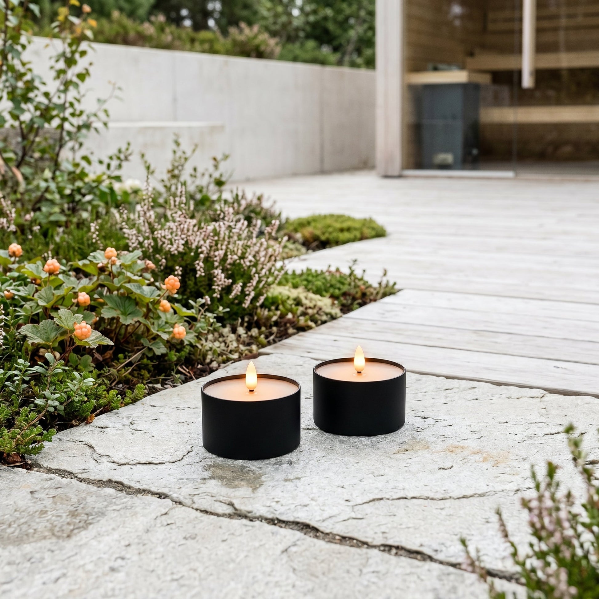Outdoor LED Jumbo Teelichter 2er-Pack - Realistische 3D-Flamme - Schwarz