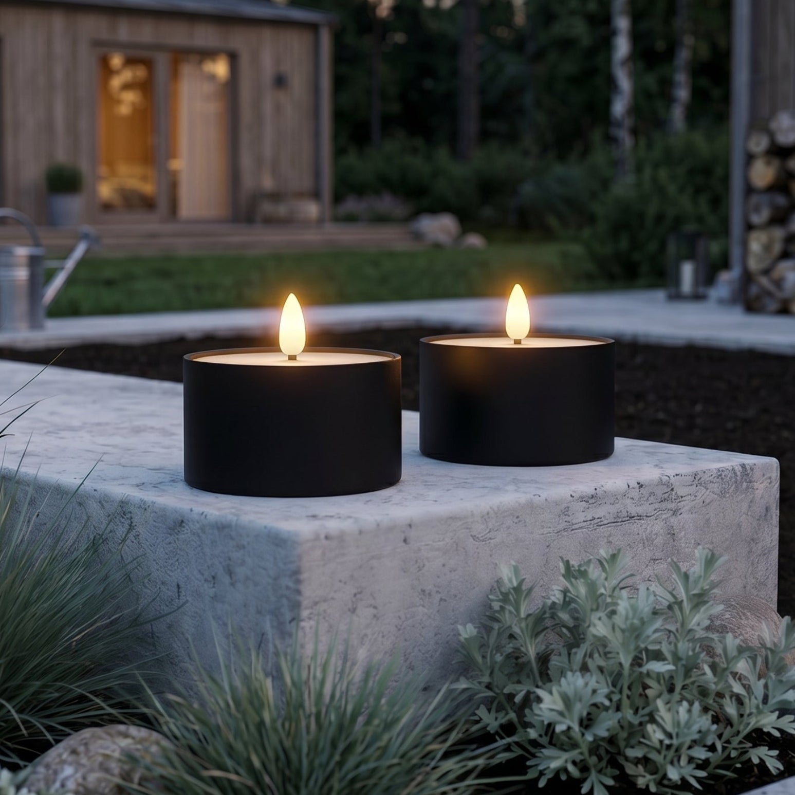 Outdoor LED Jumbo Teelichter 2er-Pack - Realistische 3D-Flamme - Schwarz