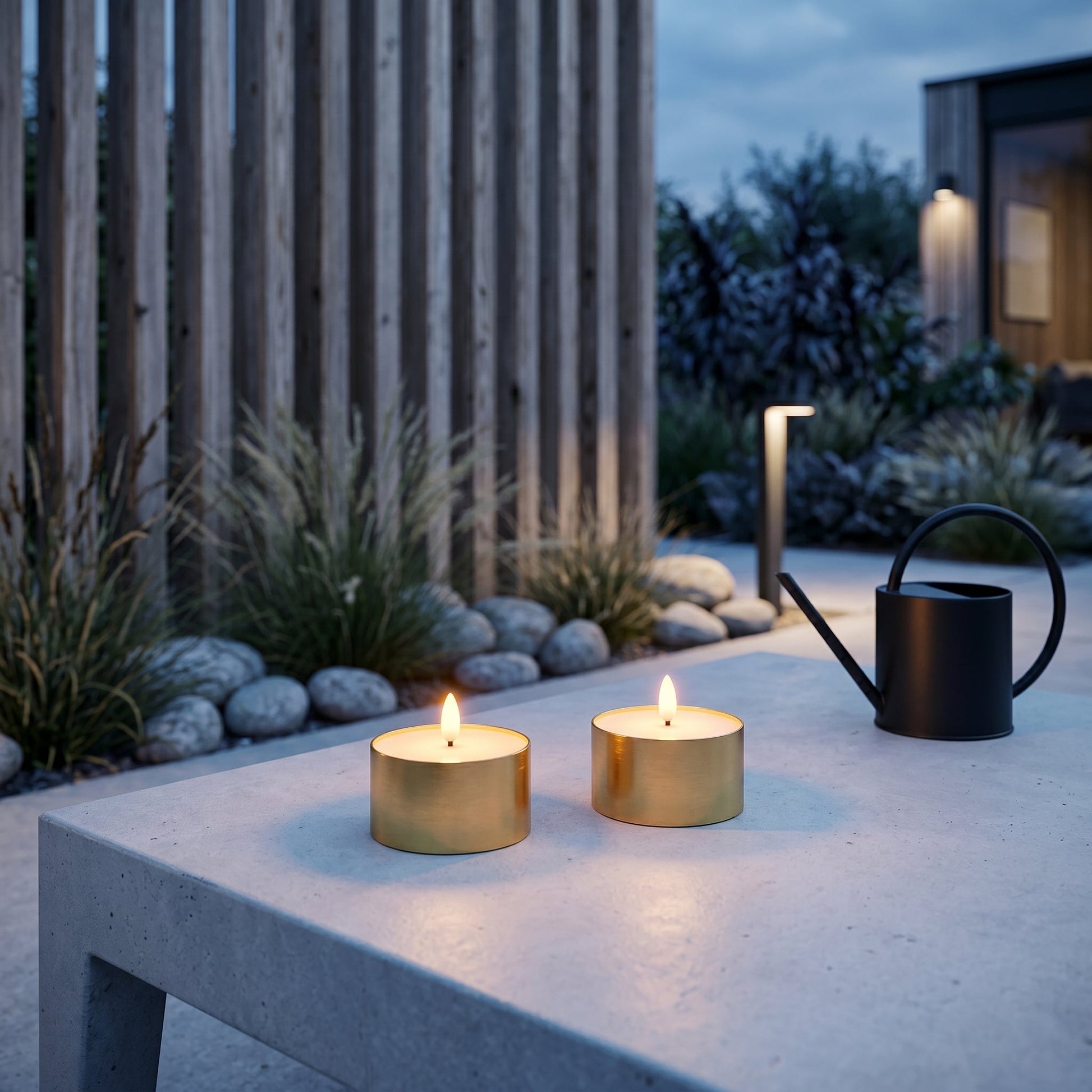 Outdoor LED Jumbo Teelichter 2er-Pack - Realistische 3D-Flamme - Messing