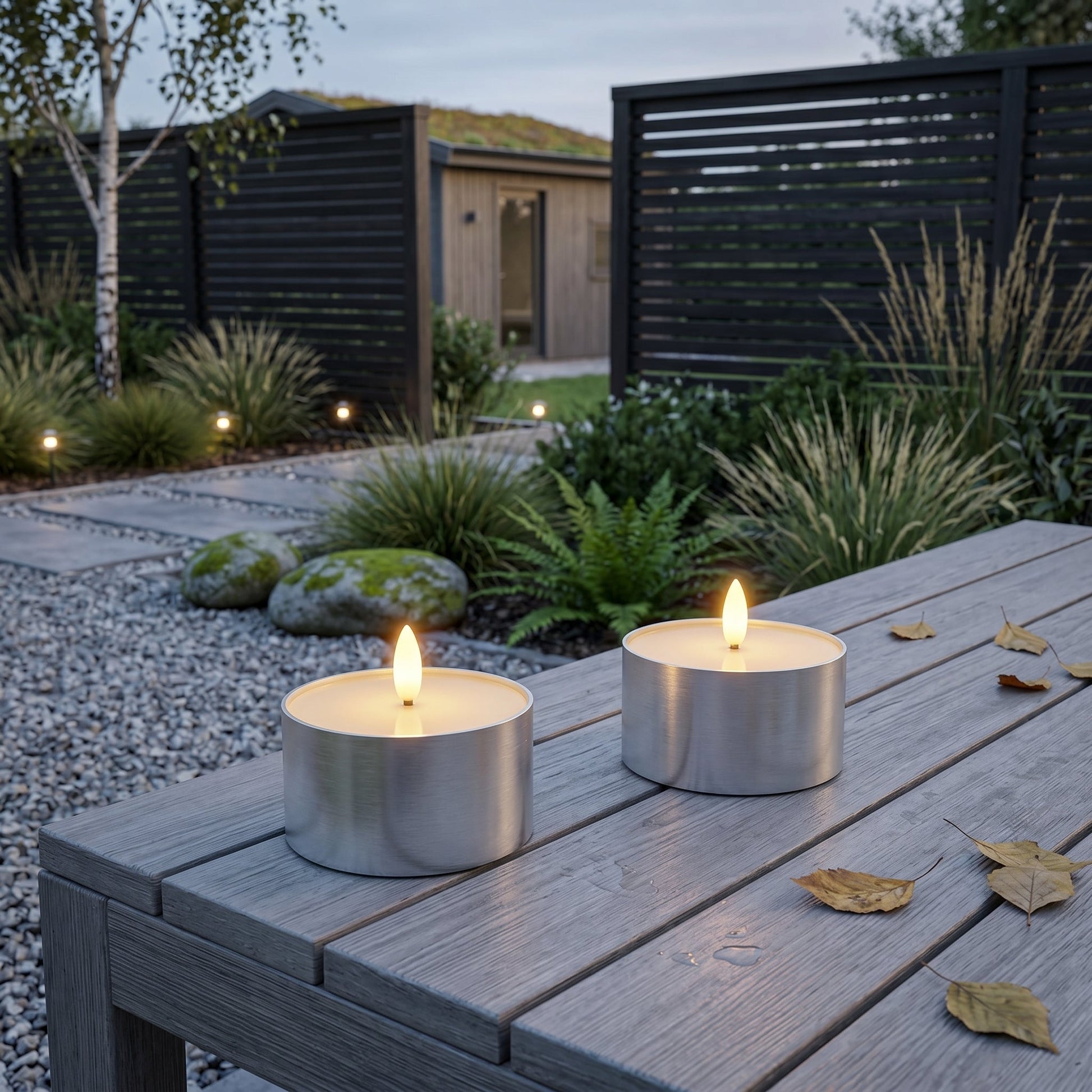 Outdoor LED Jumbo Teelichter 2er-Pack - Realistische 3D-Flamme - Silber