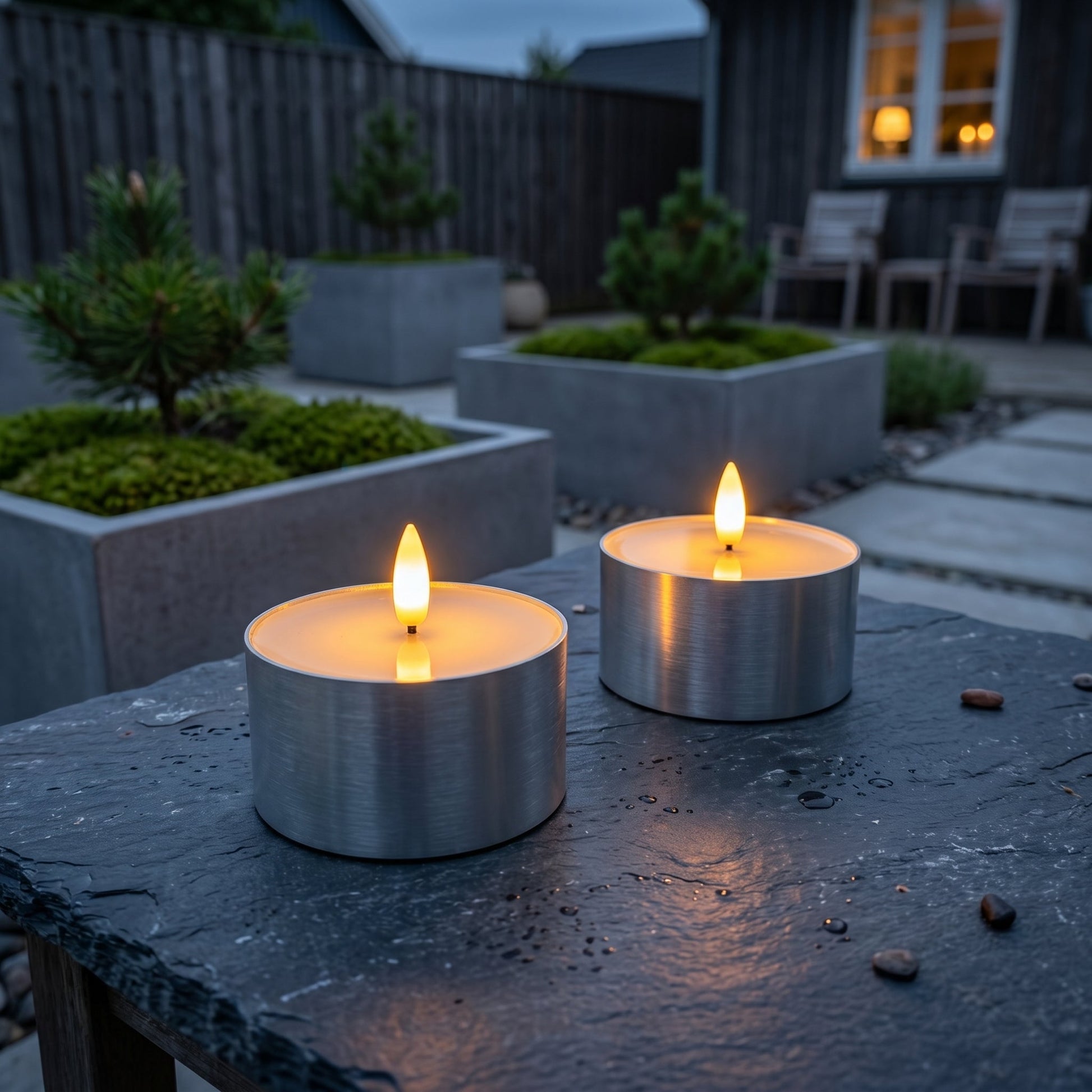 Outdoor LED Jumbo Teelichter 2er-Pack - Realistische 3D-Flamme - Silber
