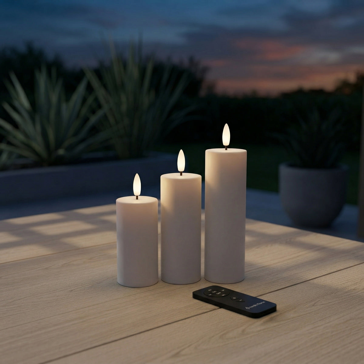 Outdoor LED-Stumpenkerzen 3er-Set Weiß Ø5 cm – inkl. Fernbedienung