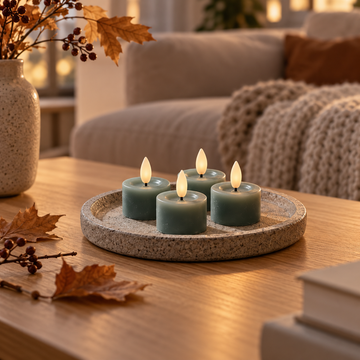Grüne LED-Teelichter auf Steintablett auf dem Couchtisch mit Herbstlaub, Plaid und Sofa