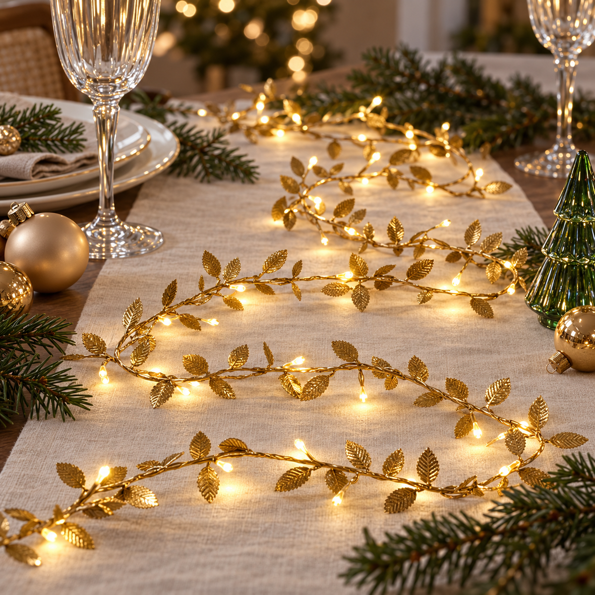 Goldene LED-Ranke als Weihnachtsdeko auf Tischläufer mit Tannenzweigen, Christbaumkugeln und grünem Glasbaum