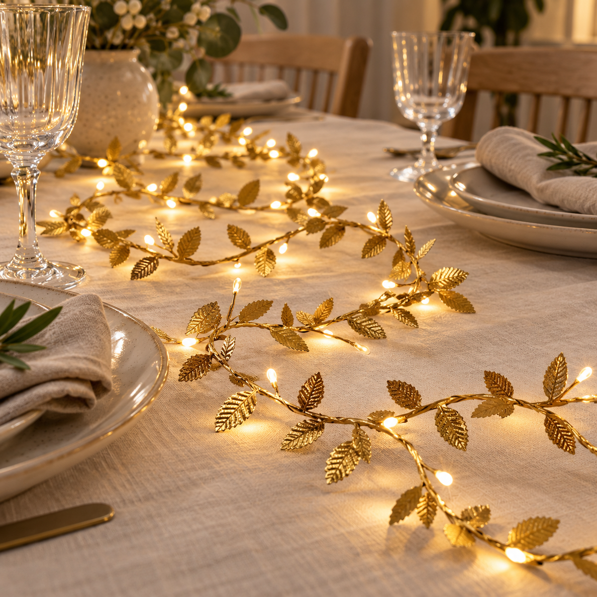 Goldene Lichterranke mit Blättern und LED-Lichtern als Tischdeko auf Leinentischdecke mit Weingläsern