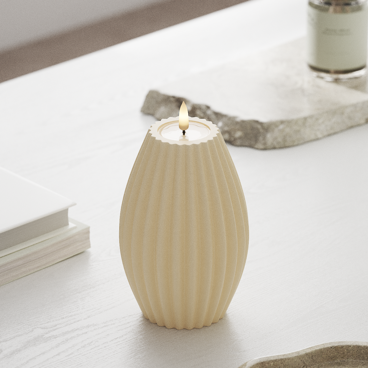 LED Kerze Gerillt D10 x 15 cm - Echtwachs - 3D Flamme - Nordicflame-de