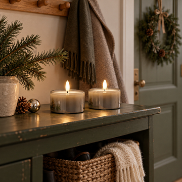 Zwei Kerzen im Glas mit grau schimmernder Oberfläche auf einer grünen Kommode im Flur mit Tannenzweigen, Tannenzapfen und Weihnachtskugel. Schal an der Garderobe, Kranz an der Tür und Korb mit Strickdecke darunter.