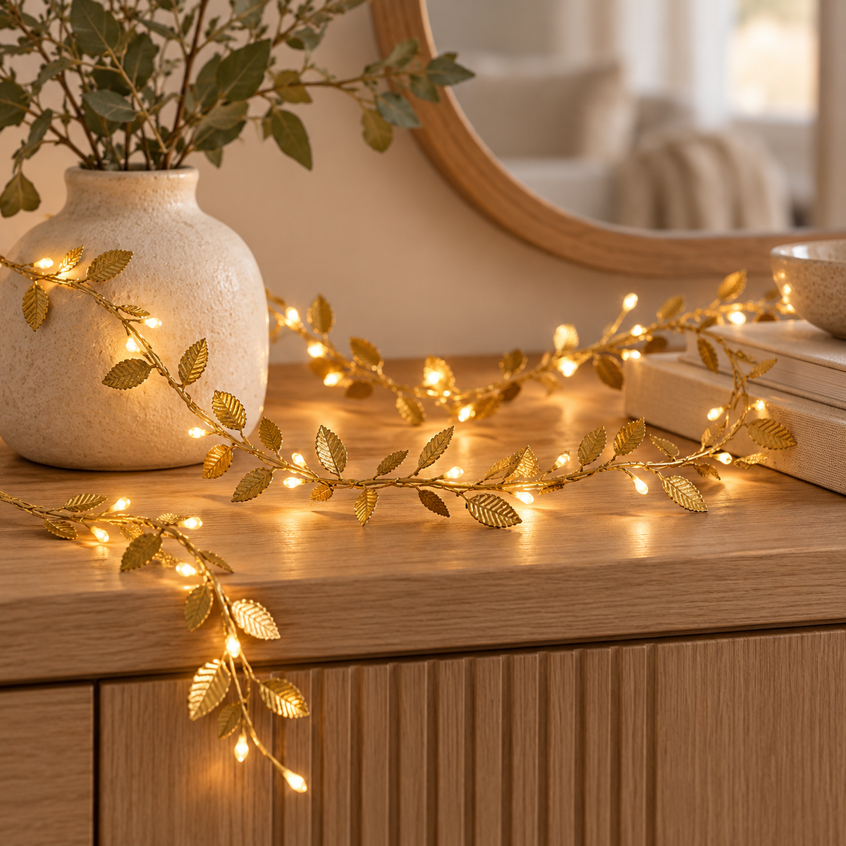 Lichterranke mit Goldblättern auf Holzkonsole neben Keramikvase, Büchern und rundem Spiegel