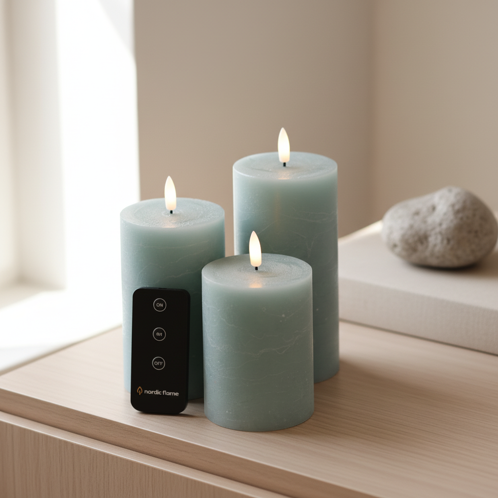 LED Kerzenset - Rustik-Optik  3D Flamme - 3 Größen - Timer - Salbeigrün - 3er Set - inkl Fernbedienung