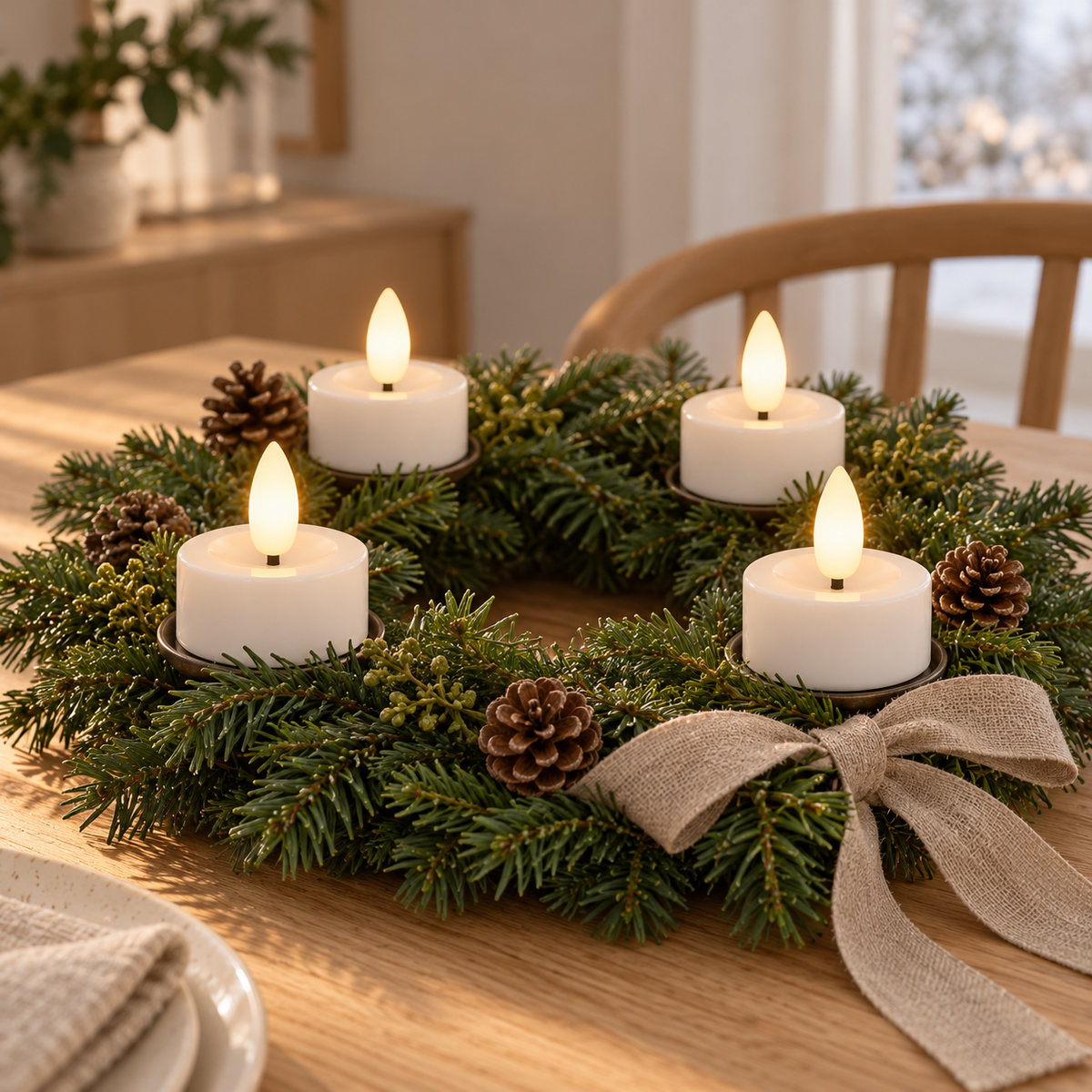 Vier weiße LED-Teelichter in einem Adventskranz aus Tannengrün mit Zapfen und Leinenschleife auf einem Holztisch