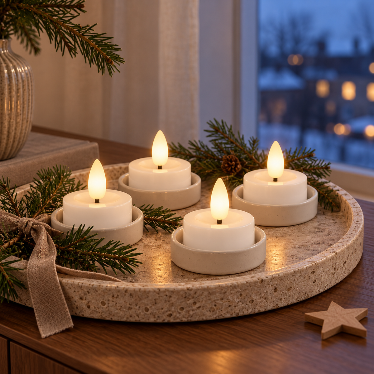 Vier weiße LED-Teelichter in Keramikhaltern auf einem runden Terrazzo-Tablett mit Tannengrün, Band und Holzstern am Winterabend