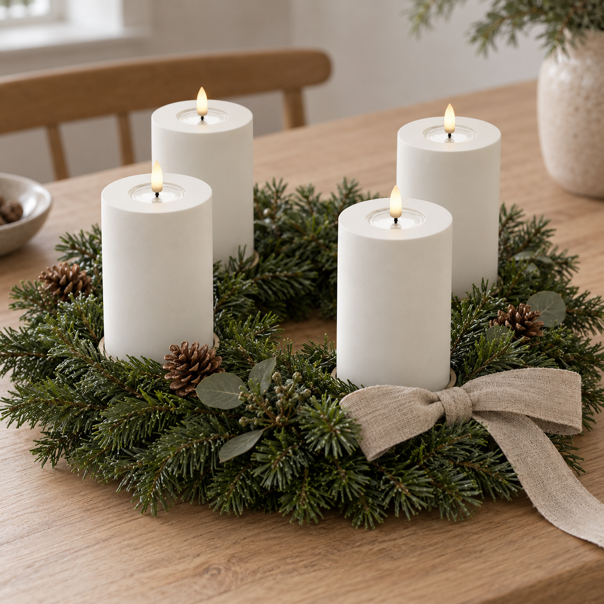 Vier hohe weiße LED-Stumpenkerzen in einem Adventskranz aus Tannengrün mit Zapfen, Eukalyptus und Leinenschleife auf einem Holztisch