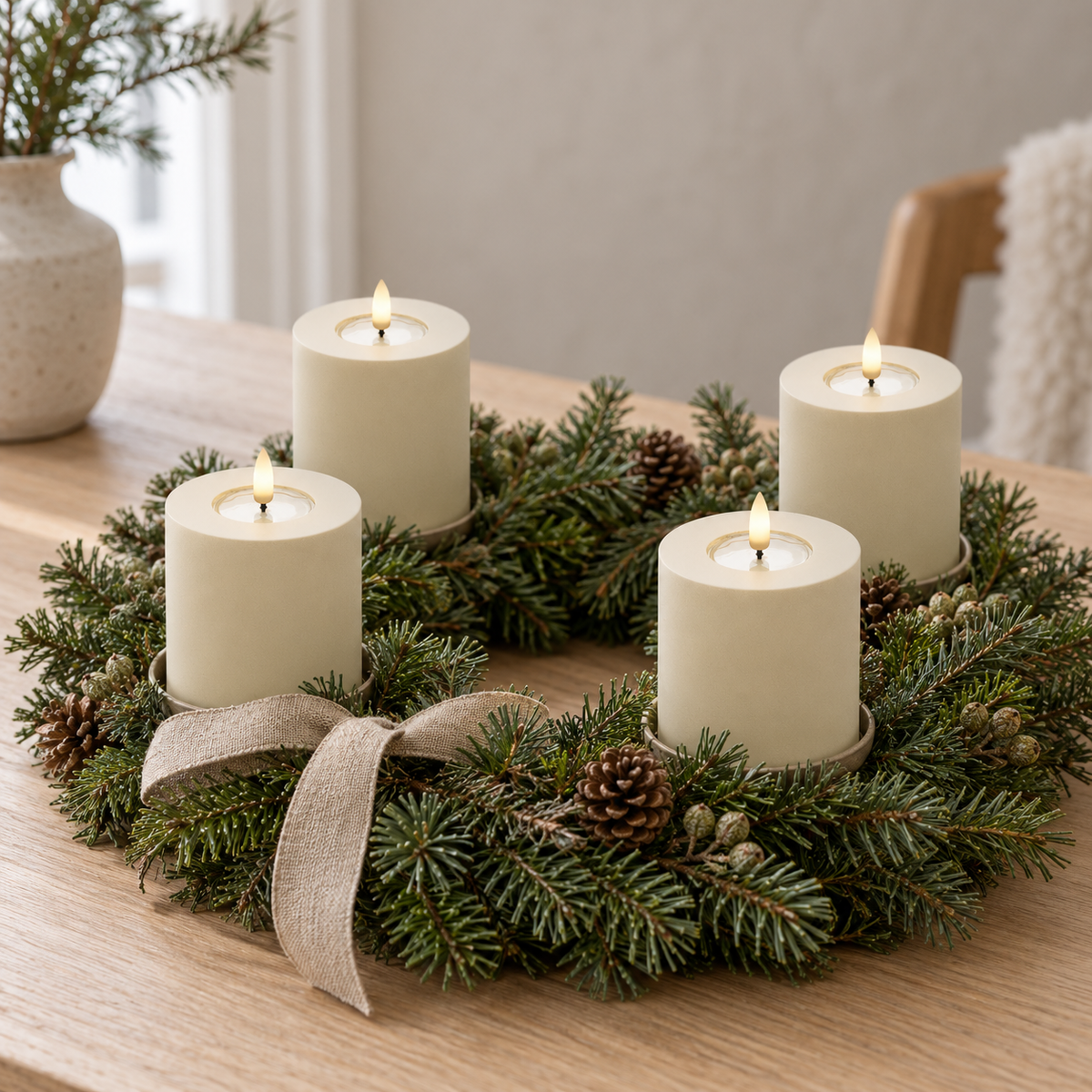 Vier cremefarbene LED-Stumpenkerzen in einem Adventskranz aus Tannengrün mit Zapfen und Leinenschleife auf einem Holztisch
