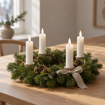 Vier weiße LED-Stabkerzen in einem Adventskranz aus Tannengrün mit Zapfen, Eukalyptus und Leinenschleife auf einem Holztisch