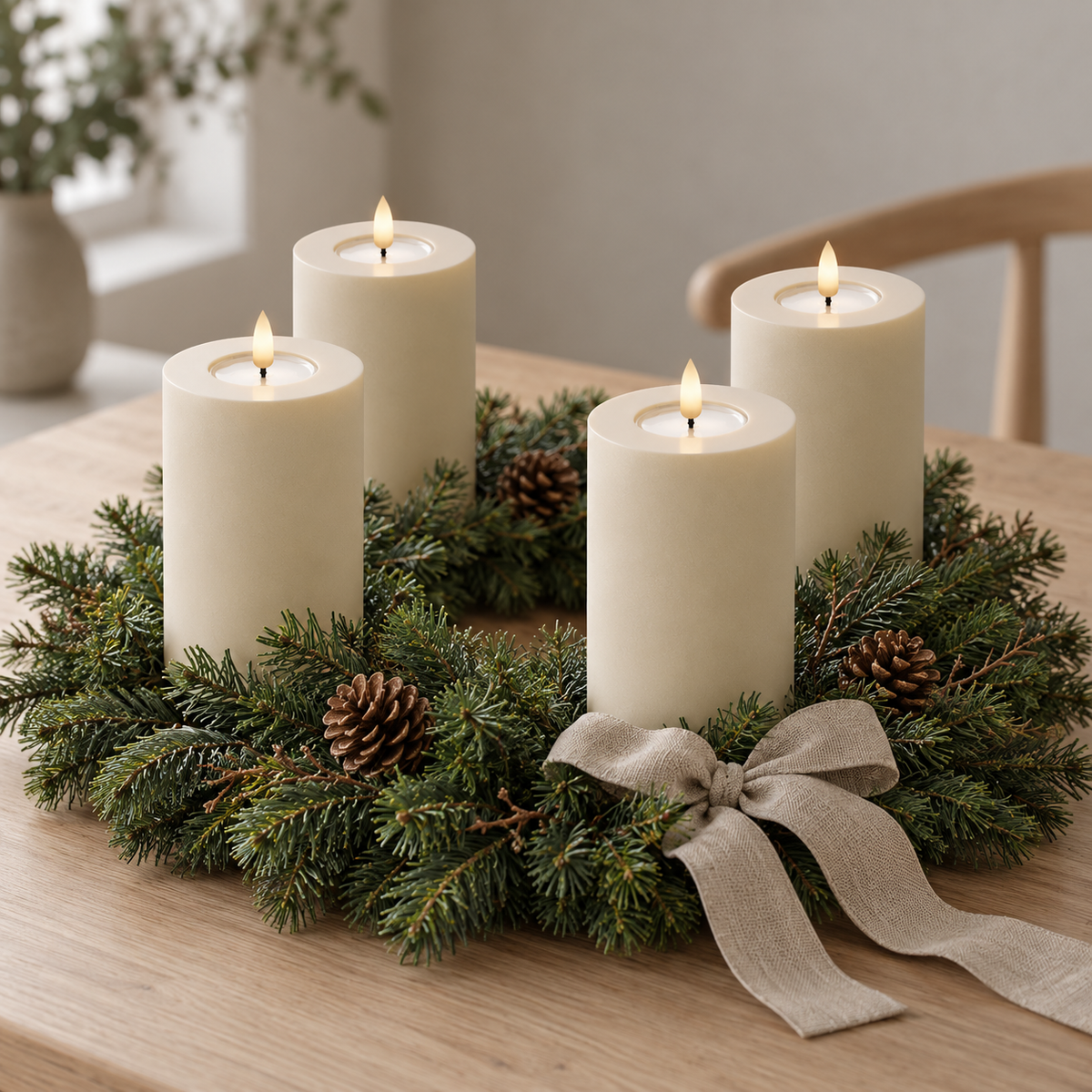 Vier hohe cremefarbene LED-Stumpenkerzen in einem Adventskranz aus Tannengrün mit Zapfen und Leinenschleife auf einem Holztisch